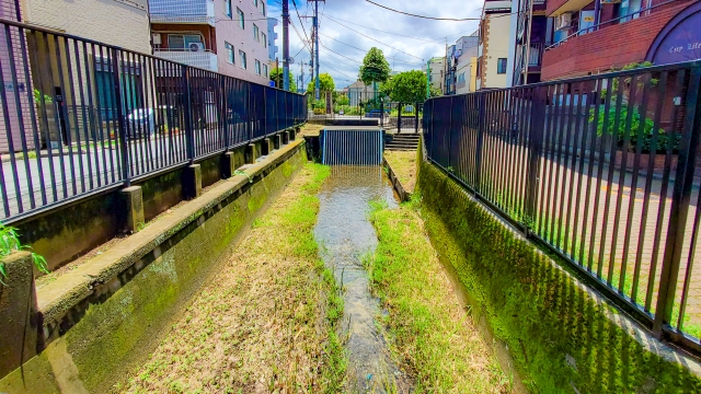 柵があって近づけなくなっている住宅街にある川